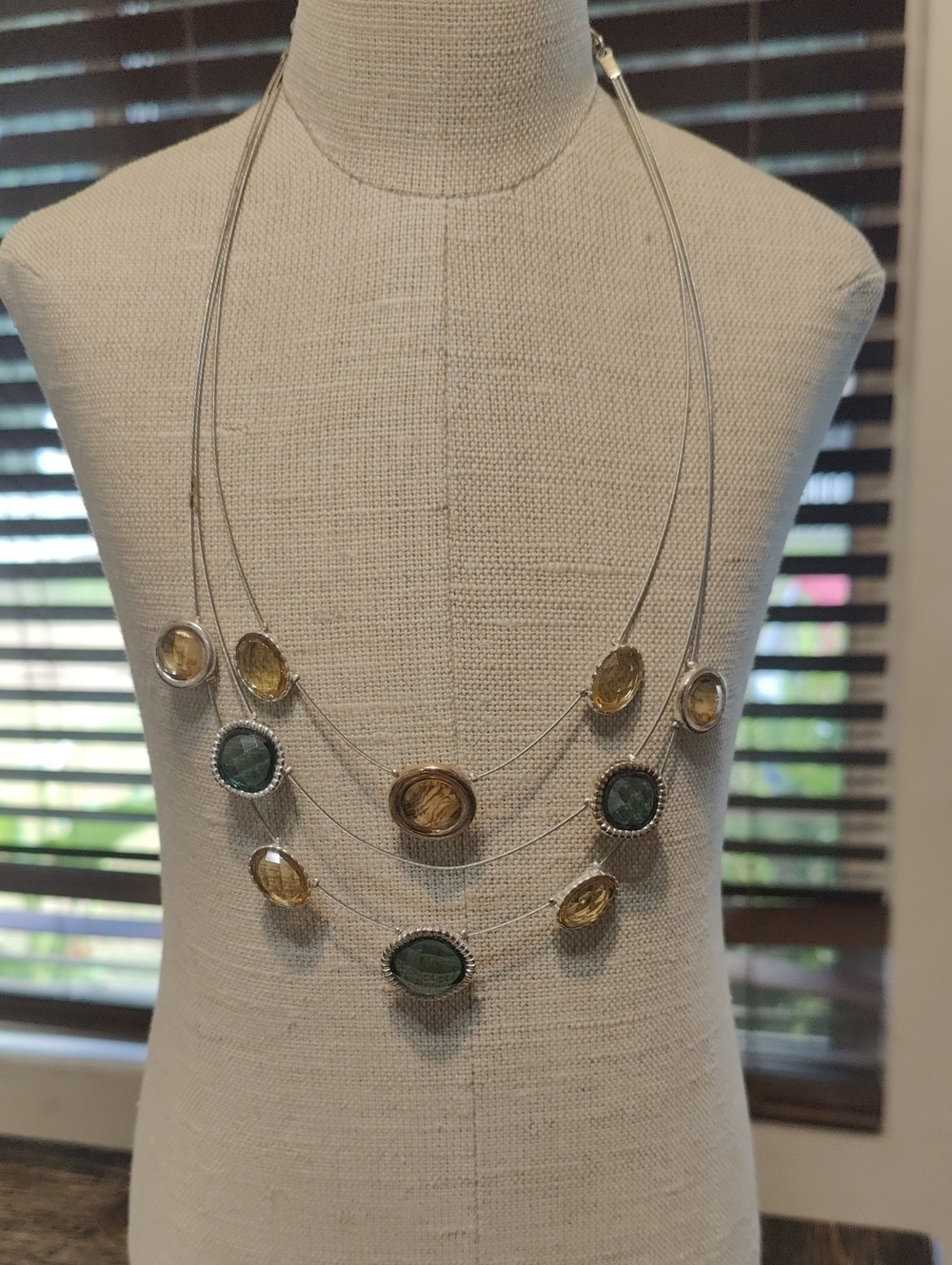 Multi-Strand Gold and Green Stone Statement Necklace